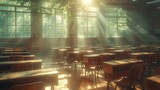 classroom desks chairs sunlight overgrown plants