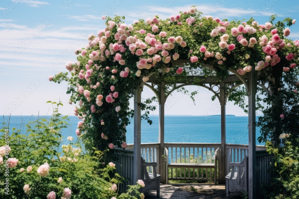 A Serene Afternoon at a Seaside Gazebo Overlooking the Tranquil Ocean, Adorned with Climbing Roses and Surrounded by Lush Greenery