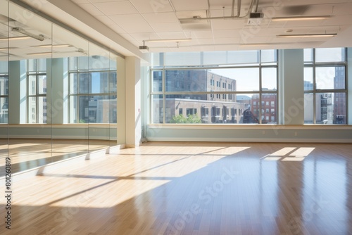 A Vibrant Contemporary Dance Studio with Floor-to-Ceiling Mirrors, Polished Wooden Floors, and Natural Light Streaming Through Large Windows