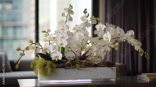 White orchids in a vase in the interior of the room