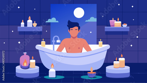 In a dimly lit bathroom a man treats himself to a relaxing bath surrounded by candles and using scented bath salts to unwind and recharge..