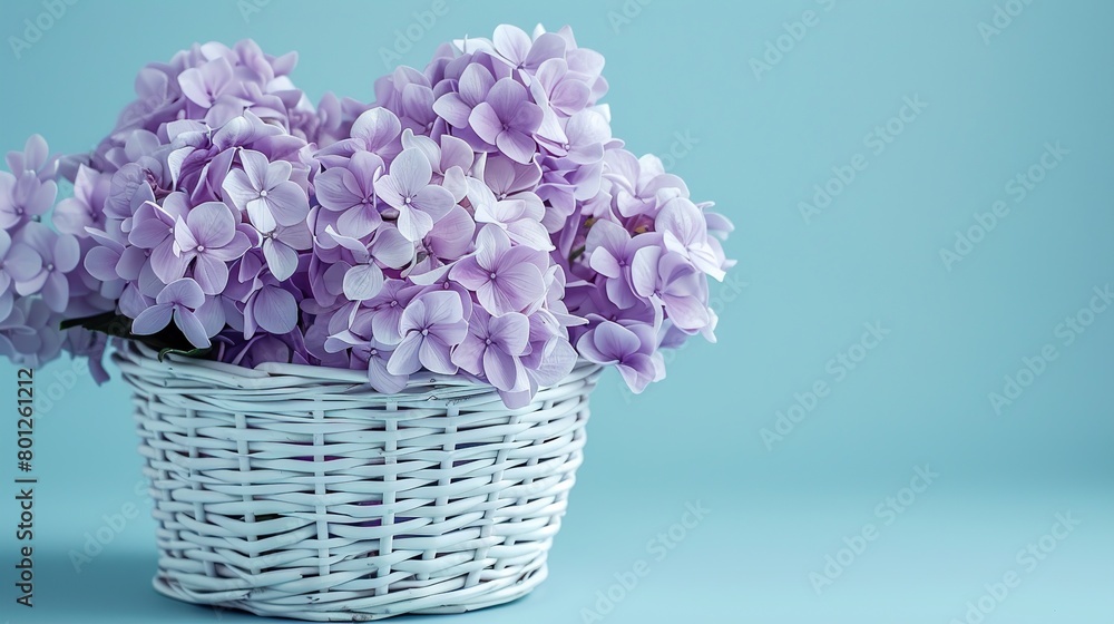 A white wicker basket holding a bouquet of purple flowers sits on a blue table against a blue background.