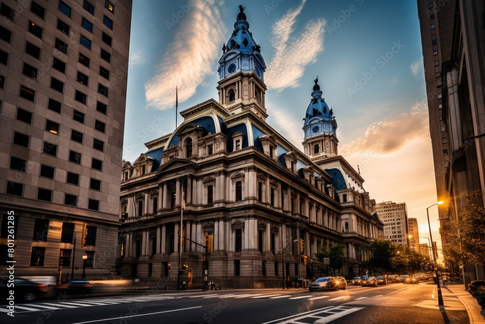 A Majestic Classic Courthouse Standing Tall Amidst a Bustling Cityscape, Illuminated by the Warm Glow of a Setting Sun