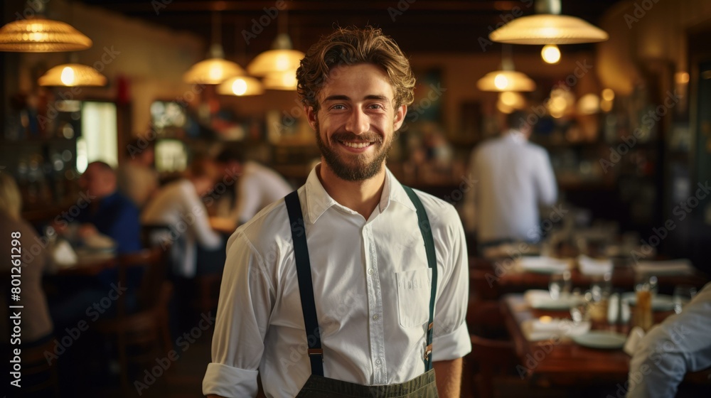 Portrait of a happy waiter in a busy restaurant