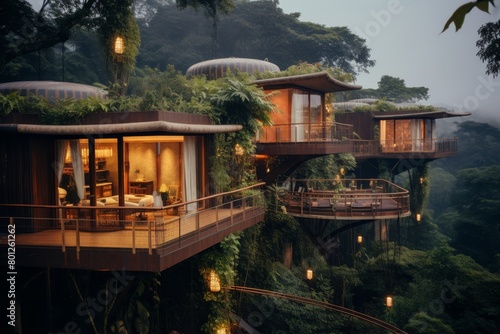A Serene Jungle Treehouse Resort Nestled Amongst Verdant Greenery, Illuminated by the Soft Glow of Dusk, with a Panoramic View of the Rainforest Canopy photo