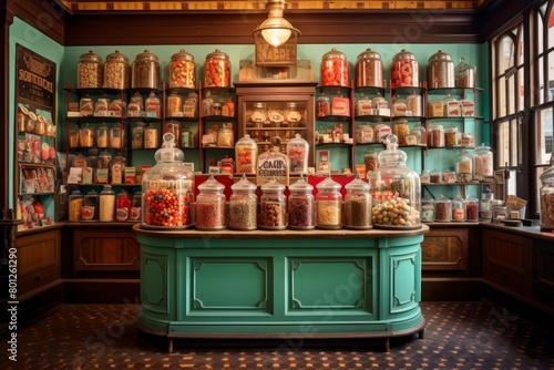 A Nostalgic Journey Back in Time: A Vintage Candy Store with Wooden Shelves, Glass Jars, and Colorful Sweets from the 1950s photo