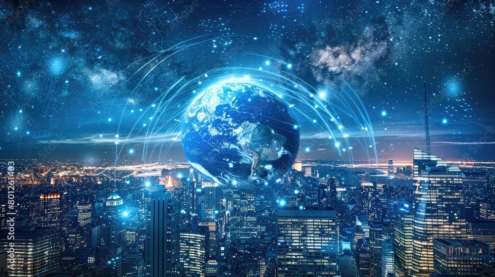 Fototapeta premium a modern city skyline filled with sleek buildings, illuminated by vibrant lines and dots, Networking and social connection ,Global network connection over the world web
