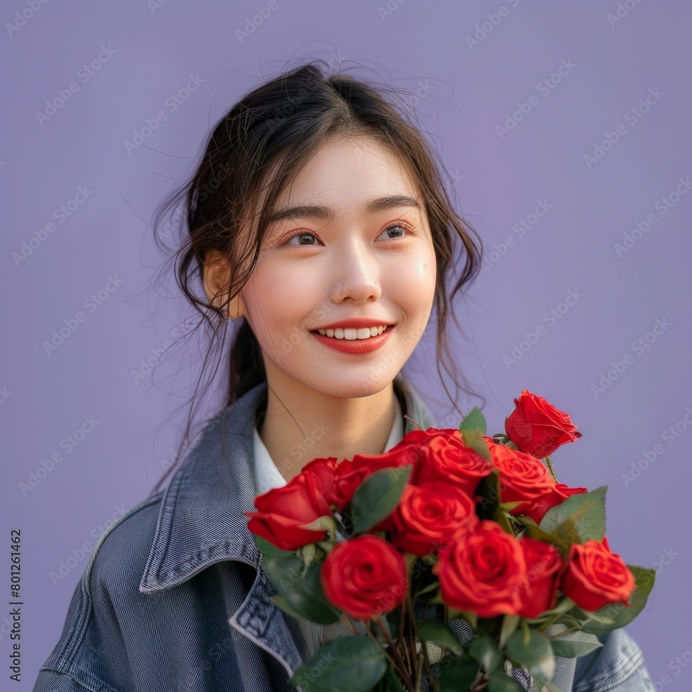 A young Asian woman is holding a bouquet of red roses and smiling. A young Asian woman is holding a bouquet of red roses and smiling.