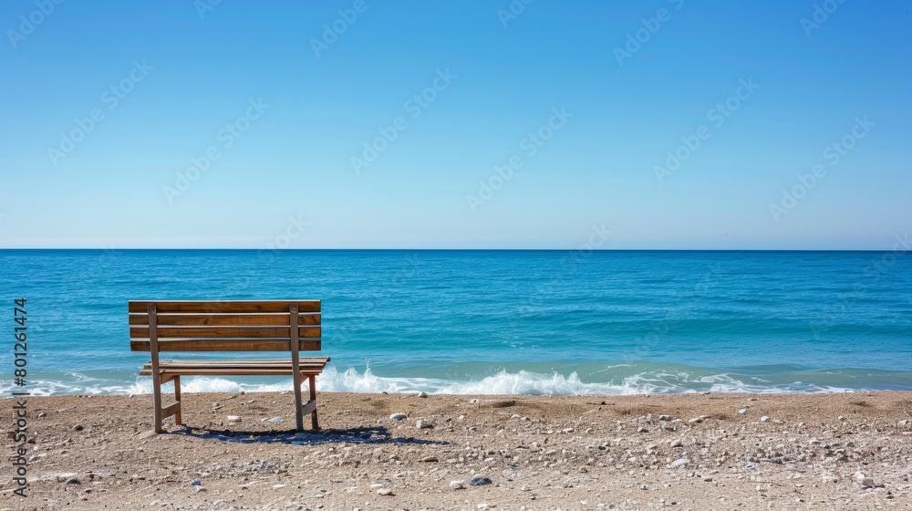 Solitary beach chair facing the serene blue ocean on a pebbly shore, inviting a moment of peace and relaxation Solitary beach chair facing the serene blue ocean on a pebbly shore, inviting a moment of peace and relaxation