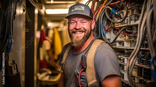 Portrait of a smiling electrician in a hard hat standing in front of an electrical panel photo