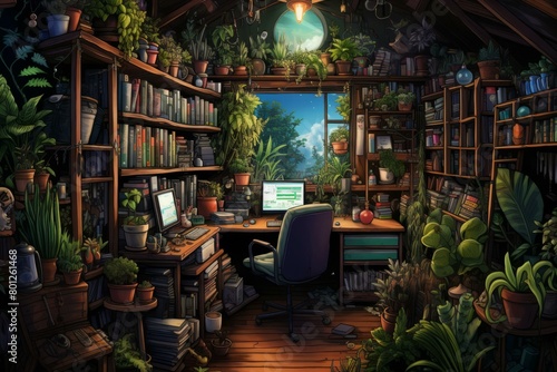 Cozy home office with lots of plants and books