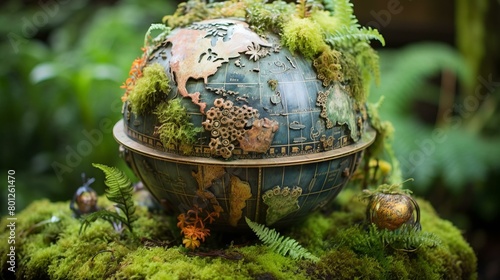 A globe covered with moss and vegetation sits on a bed of moss. photo