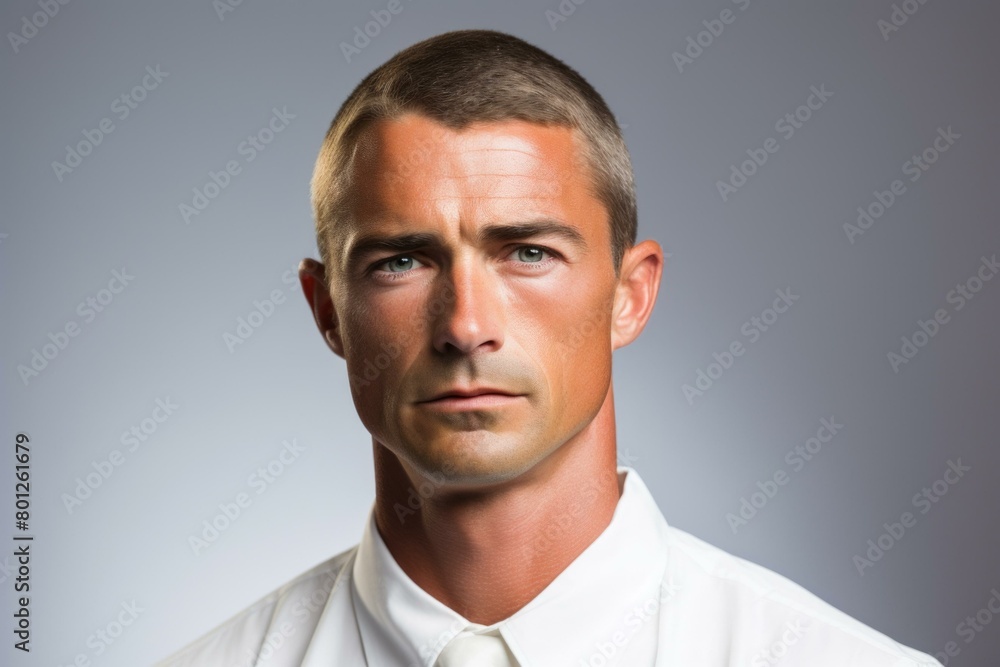 A man with short brown hair and green eyes is wearing a white shirt and tie A man with short brown hair and green eyes is wearing a white shirt and tie