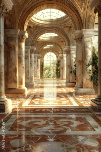 European classical palace interior long corridor marble floor photo