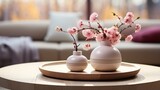 A beautiful composition of pink cherry blossoms in a ceramic vase