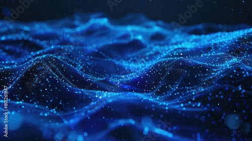 Digital wave with many dots and particles ,Abstract dynamic wave background ,Technology pattern abstract net lines with small dots on every line, style blue neon type