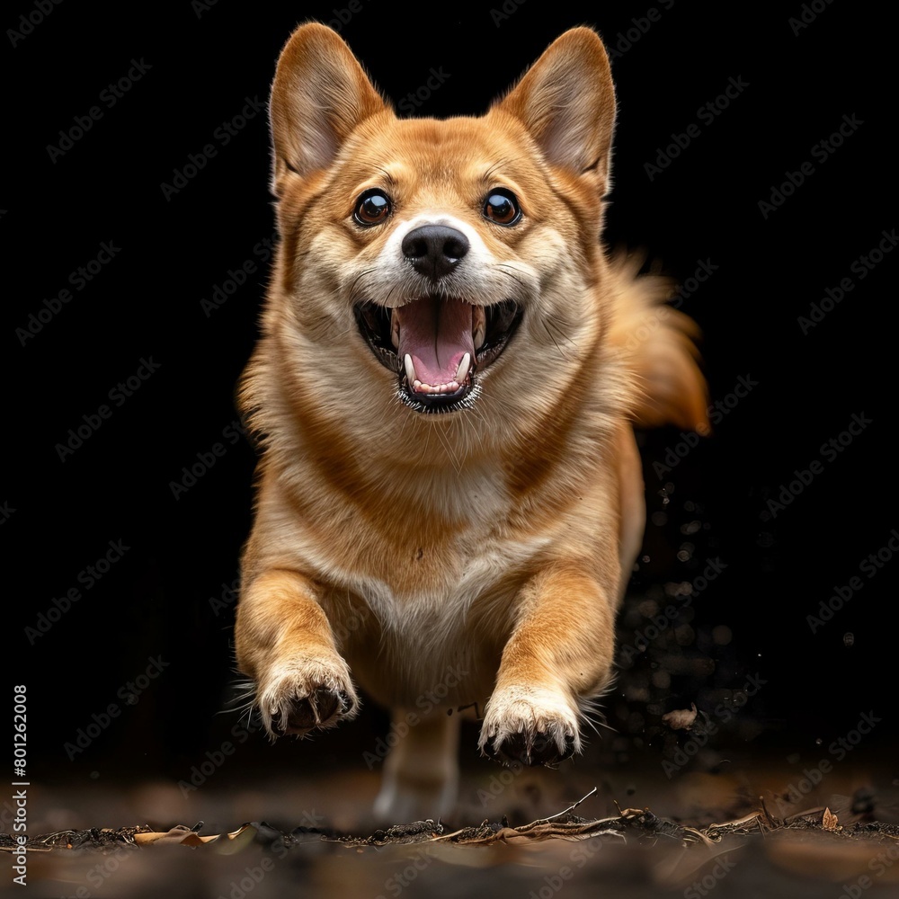 A happy corgi dog running in the woods
