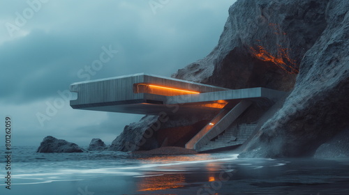 Futuristic base built into a icelandic mountain cove on the beach photo