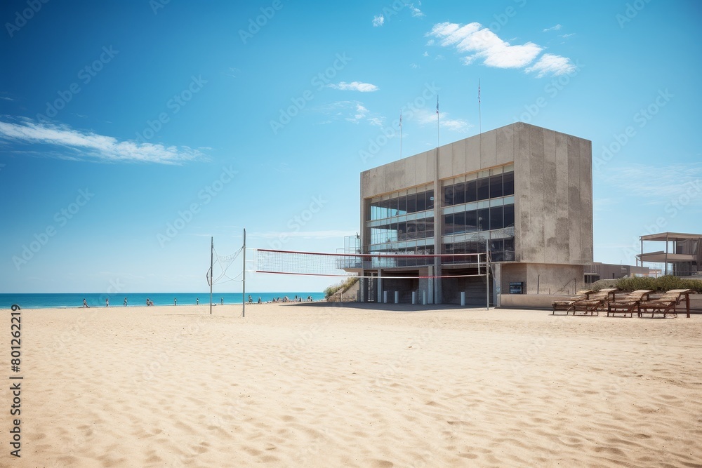 A Vibrant Beach Volleyball Arena Nestled on the Sandy Shores, Overlooking a Tranquil Ocean Under a Clear Blue Sky A Vibrant Beach Volleyball Arena Nestled on the Sandy Shores, Overlooking a Tranquil Ocean Under a Clear Blue Sky