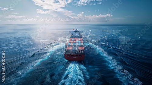 Futuristic depiction of a cargo ship enhanced with digital connectivity at sea, illustrating modern maritime technology
