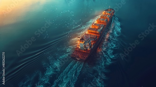 Futuristic depiction of a cargo ship enhanced with digital connectivity at sea, illustrating modern maritime technology