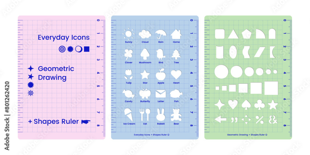 Geometric drawing shapes ruler Template stencils for Kids multi-function measuring supplies office study student flat icons grid gradation dashed line dotted line centimeter