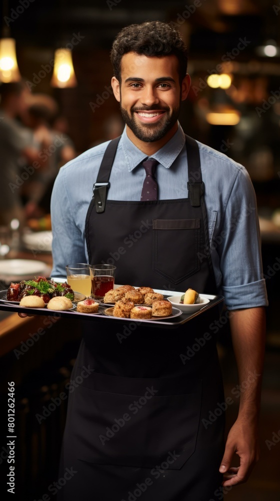A waiter with a tray of food and drinks