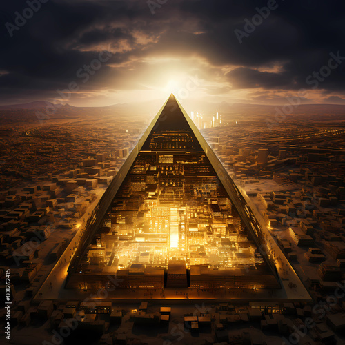 realistic high angle images Pyramid during its heyday gold plated Standing high among the residents of the city. In the evening when the sun is about to set and stars appeared in the sky, generative.	 photo