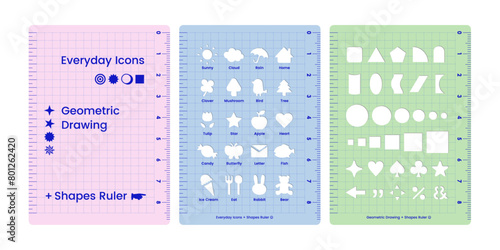 Geometric drawing shapes ruler Template stencils for Kids multi-function measuring supplies office study student flat icons grid gradation dashed line dotted line centimeter