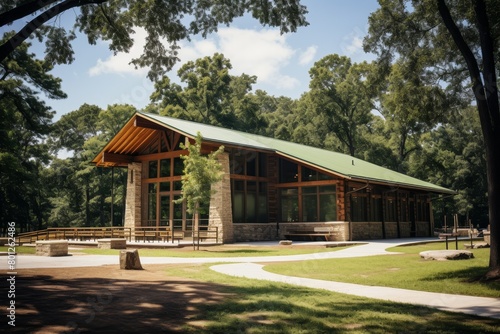 The National Park Service Center, a rustic wooden building nestled amidst lush greenery, under the clear blue sky on a sunny day
