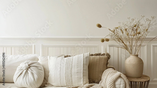 A cozy white wall, painted in ivory and champagne tones, complements wainscoting adorned with earthy hues, evoking the ambiance of a rustic countryside retreat. photo