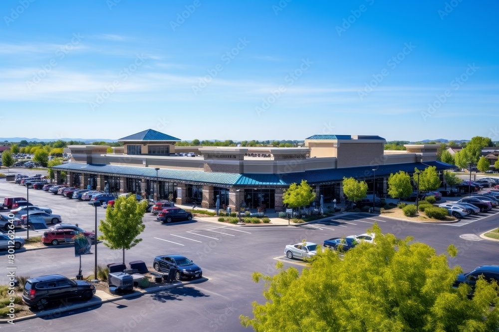 A bustling grocery store with a large, well-lit parking lot filled with cars and surrounded by lush green trees under a clear blue sky