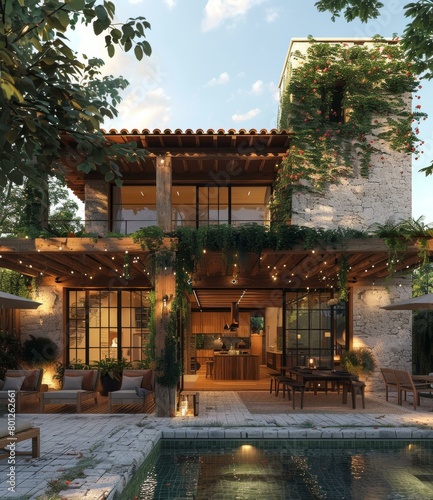 Modern Mexican hacienda style villa with pool
