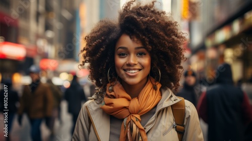 Portrait of a young woman with curly hair smiling in the city © duyina1990