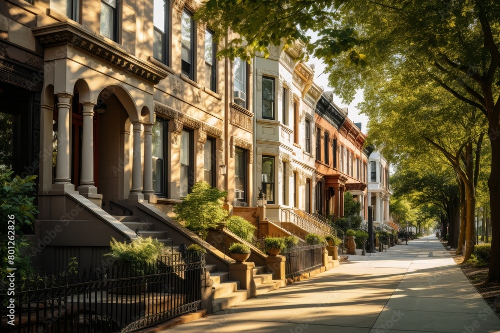 A Charming Row of Historic Brownstone Townhouses on a Sunny Afternoon in a Quaint Urban Neighborhood