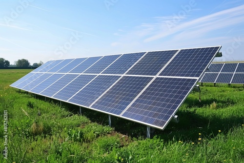 Solar Panels in Fields, Tailored for companies specializing in alternative energy and solar panels. Background showcases fields adorned with solar panels. Generative AI.