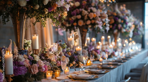 Elegant Wedding Decor, Luxurious wedding reception setup with floral arrangements and candles