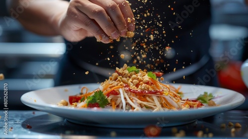 A chef adding the finishing touches to a plate of Thai papaya salad with a sprinkle of crushed peanuts and a drizzle of tangy dressing.