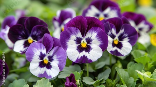 This is a close-up image of several purple and white pansies. The pansies have yellow centers with dark purple edges and white petals with purple veins.