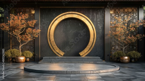 3D rendering of a circular stage with a golden frame in a traditional Chinese courtyard photo