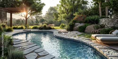 Modern Backyard Swimming Pool with Stone Patio and Landscaping
