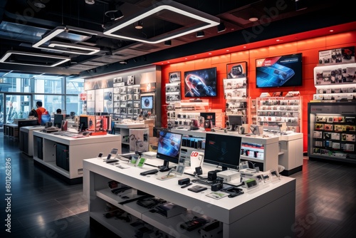 Bustling Gadget Shop in the Heart of the City, Displaying a Wide Array of Tech Accessories from Smartphones to Drones