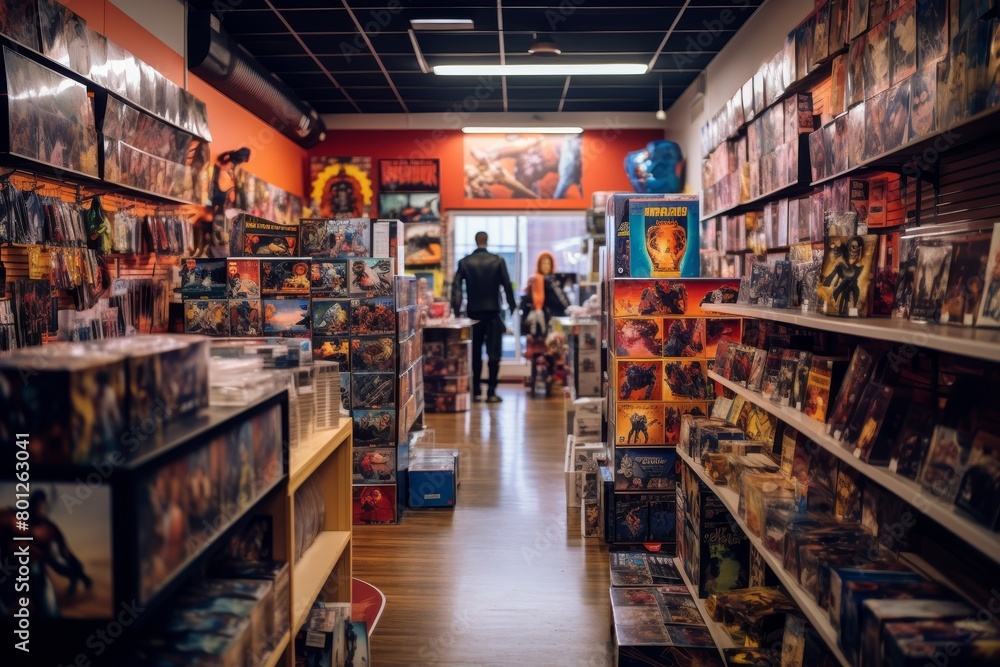 A Vibrant Pop Culture Merchandise Store Overflowing with Fan Favorites from Comics, Movies, and Video Games