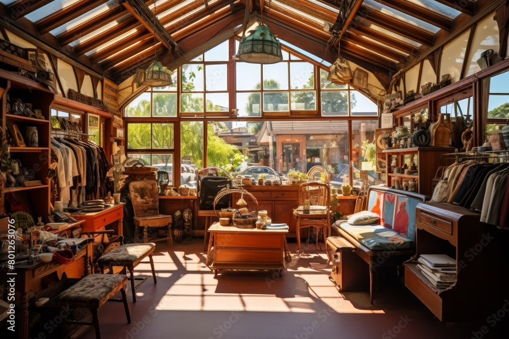 A Quaint Thrift Store on a Sunny Day, Showcasing an Array of Vintage Items, Clothing, and Antiques on Wooden Shelves and Racks