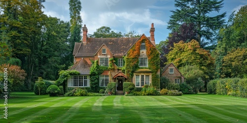 A large English country house with a beautiful garden photo