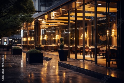 Elegant Upscale Restaurant with Valet Parking, Illuminated by Warm Evening Lights, Reflecting Sophistication and Luxury photo