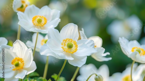 There are several white anemone flowers with yellow centers. The flowers are in focus and have a blurred background.  