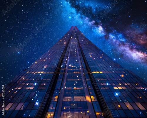 Illuminate a towering skyscraper against a starry night sky  emphasizing sleek  modern architecture with a photorealistic digital painting technique that brings out every reflective surface and shadow