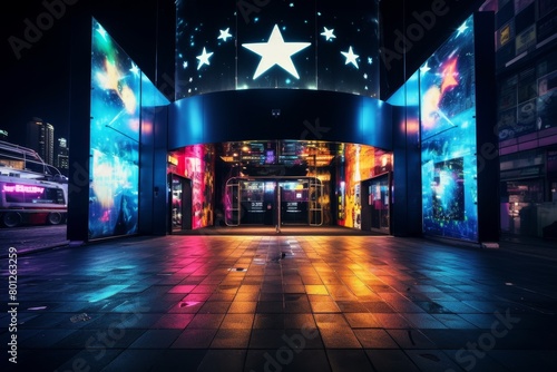 A Vibrant Nightclub with a Luminous Neon Entrance Under the Starry Night Sky in a Bustling City