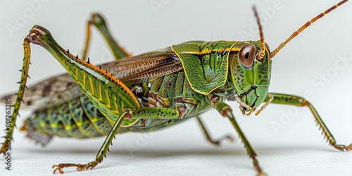 A green and brown grasshopper on a white background